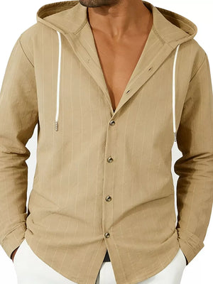 Khaki striped cotton hooded button-up shirt for men with white drawstrings.