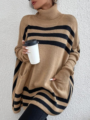 Tan geometric stripe acrylic poncho sweater with turtleneck and pockets