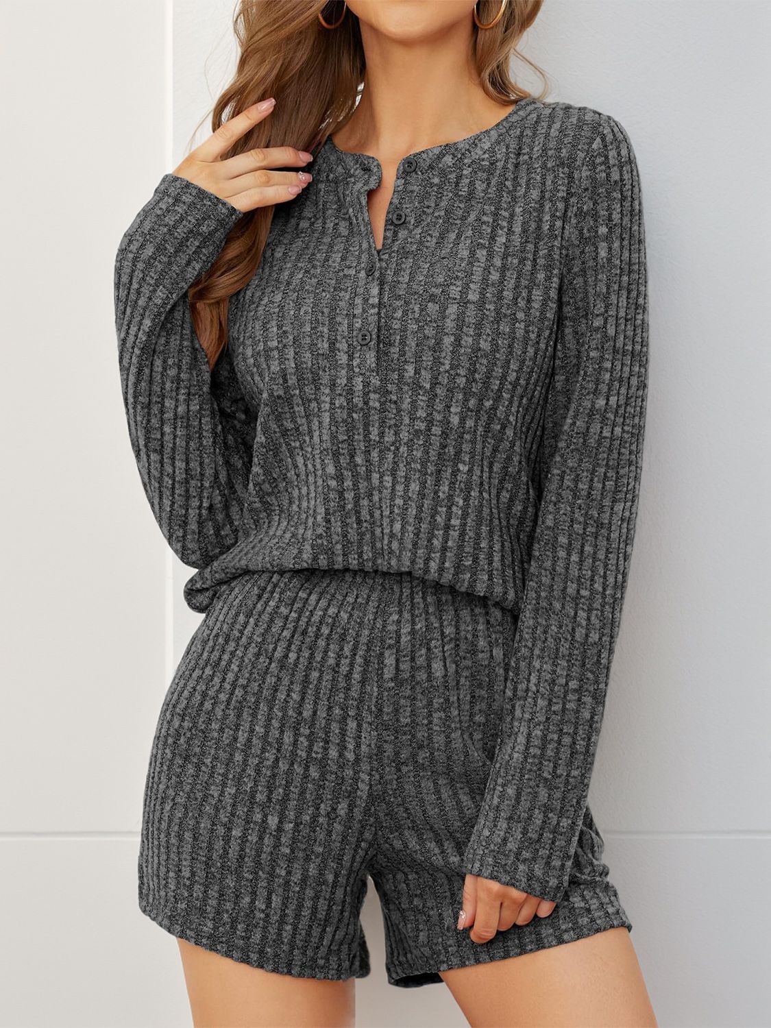 Dark Gray ribbed henley loungewear set with button detail and shorts.