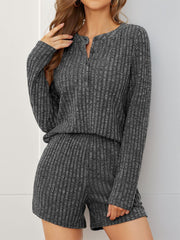 Dark Gray ribbed henley loungewear set with button detail and shorts.