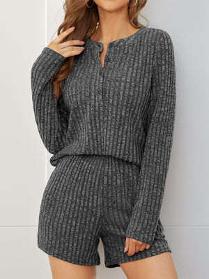 Dark Gray ribbed henley loungewear set with button detail and shorts.