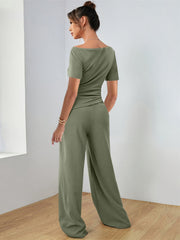 Sage boat neck jersey co-ord set with wide leg pants and short sleeves