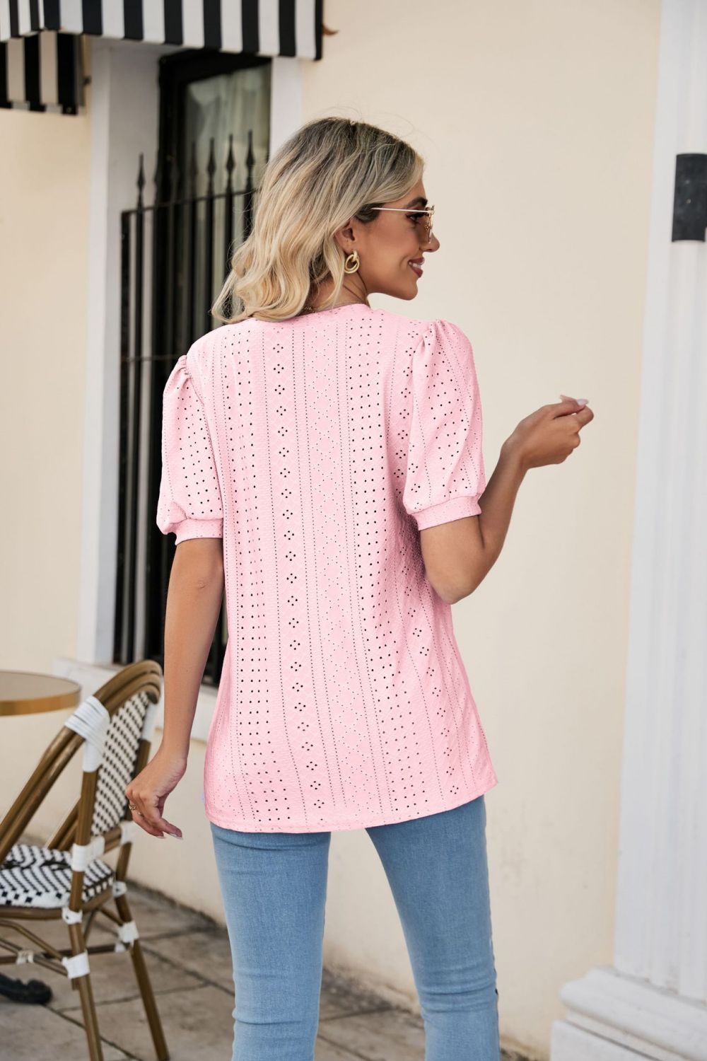 Pink perforated puff sleeve V-neck blouse with eyelet detail