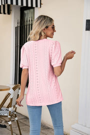 Pink perforated puff sleeve V-neck blouse with eyelet detail