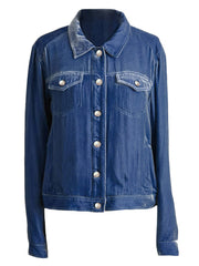 Velvet western jacket in cerulean with silver buttons and chest pockets.