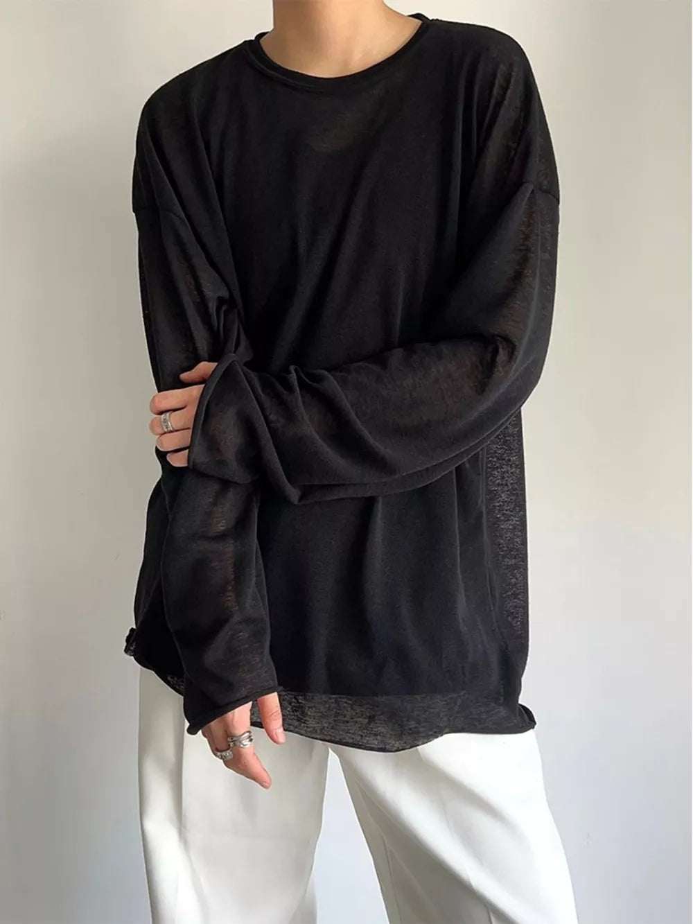 Men's Plus Size Heathered Long-sleeve T-shirt in Black, fabric detail