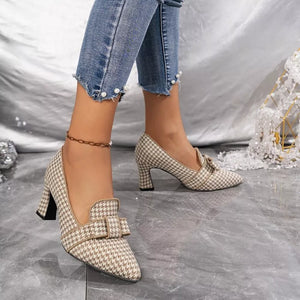 Point Toe Block Heel Pumps, fabric detail