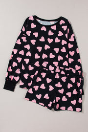 Black heart print pajama set with long sleeves and shorts