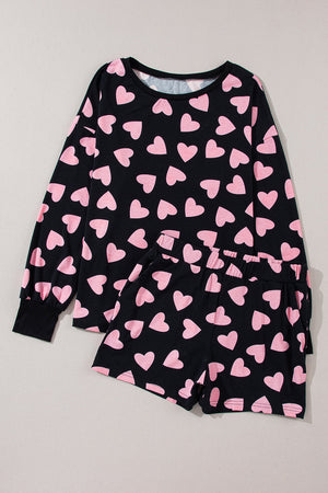 Black heart print pajama set with long sleeves and shorts