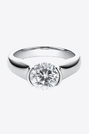 Silver platinum ring with bezel-set moissanite solitaire diamond