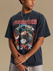 Black vintage graphic tee with monster truck and flames design.