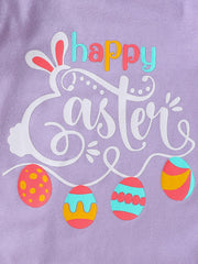Lavender baby set with happy Easter graphic and colorful eggs.