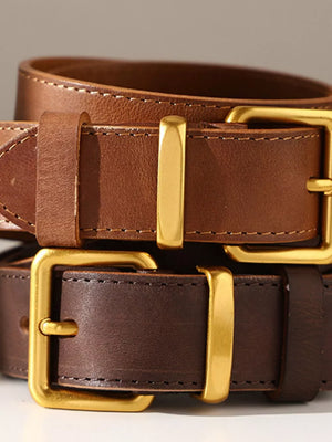 Brown cowhide leather belts with gold buckle accents