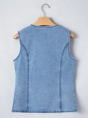 Light wash denim vest with button detail and slit, women's outerwear