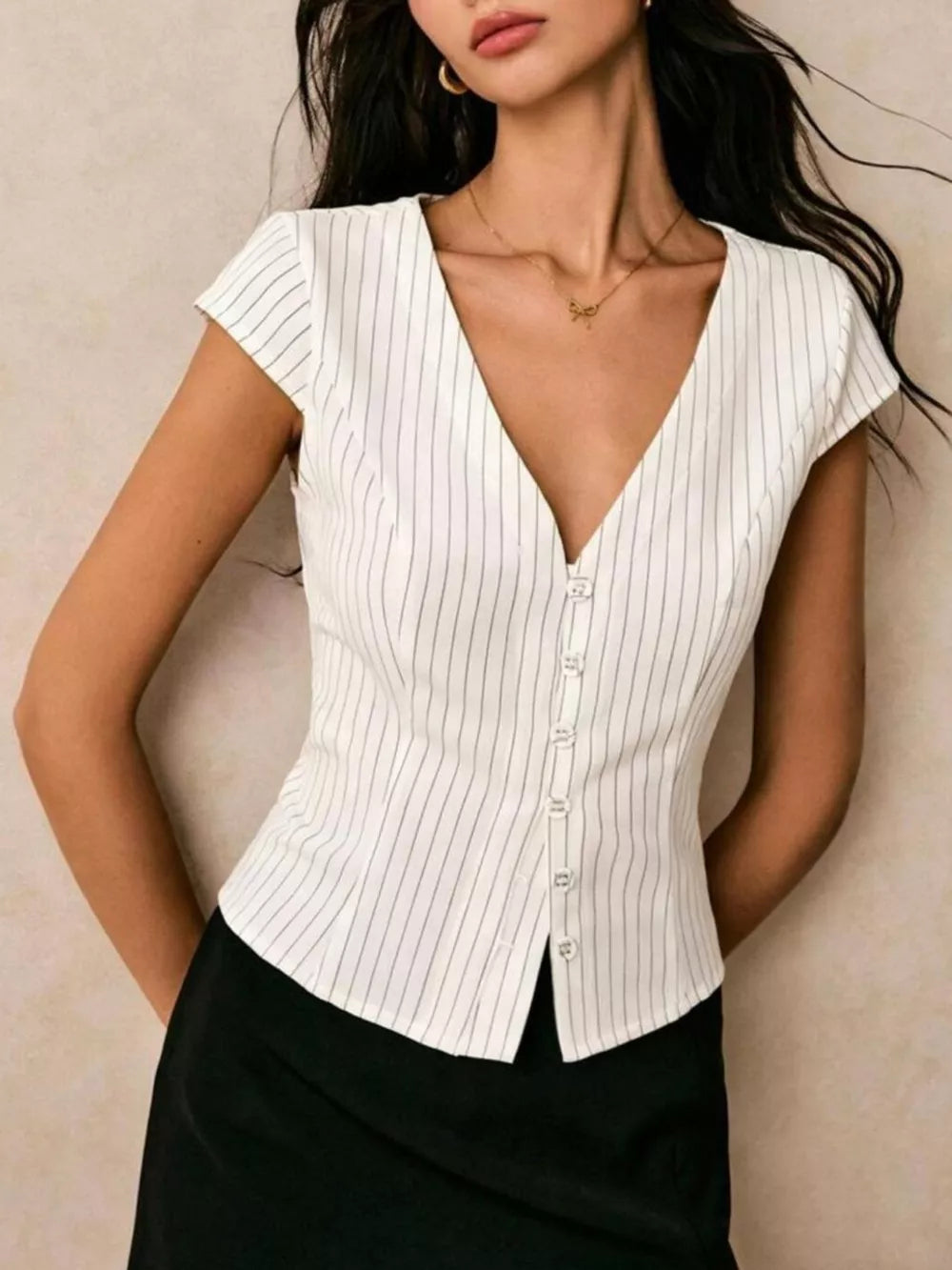 White pinstripe v-neck buttoned shirt with short sleeves