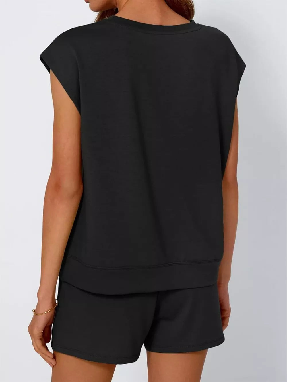 Black crew neck sleeveless top and shorts set