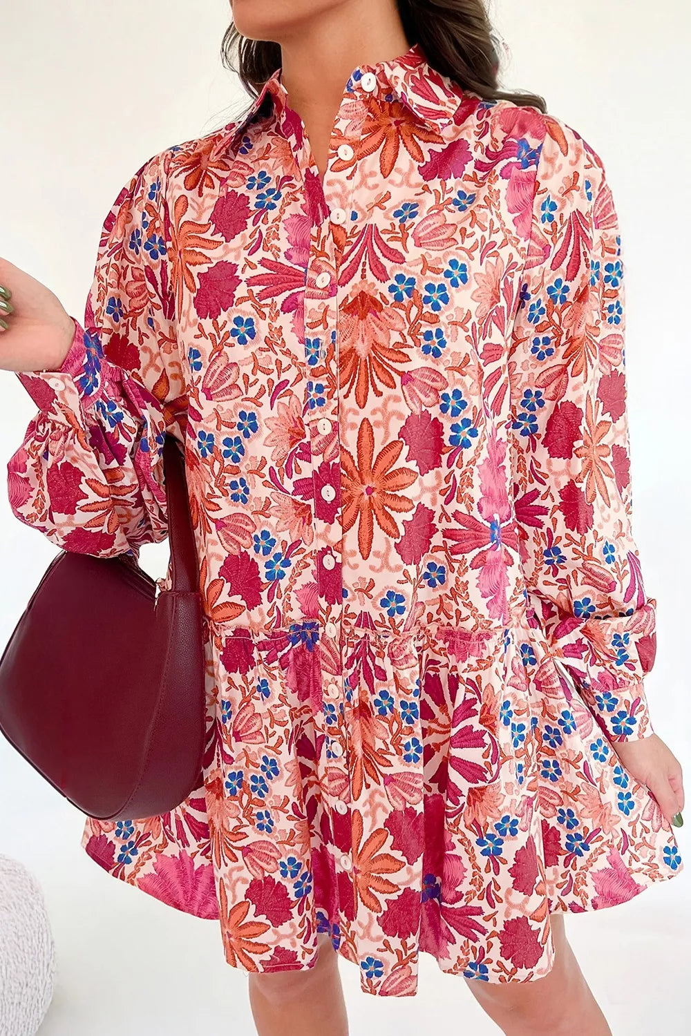Fall Flower Print Long Sleeve Mini Dress in Dusty Pink, front view