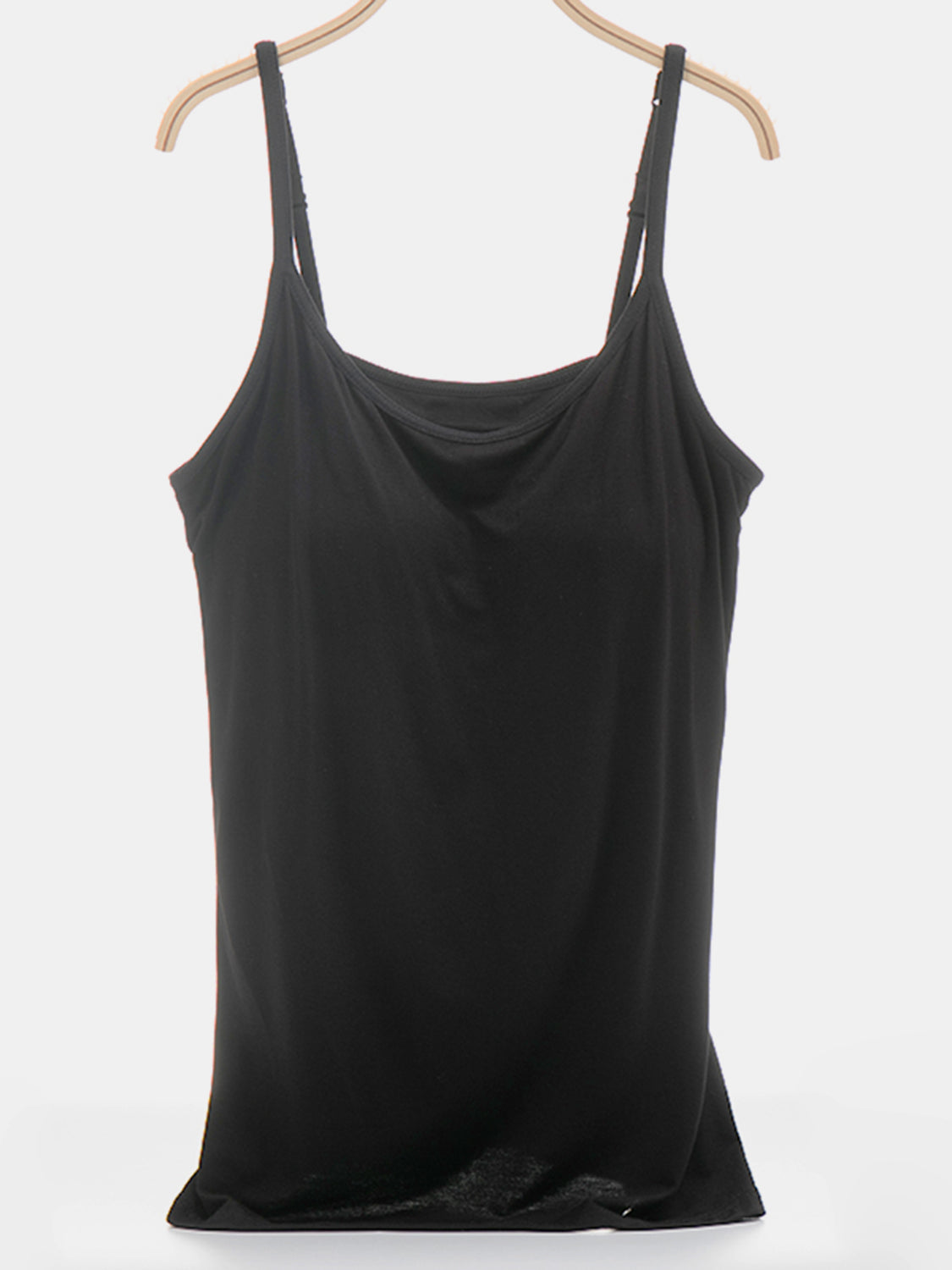 Black soft-cup cami with adjustable straps and a scoop neckline.