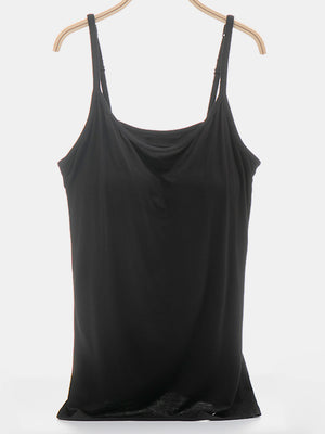 Black soft-cup cami with adjustable straps and a scoop neckline.