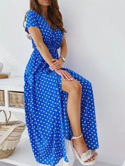 Polka Dot Surplice Maxi Dress With Slit in Dusty Pink, front view