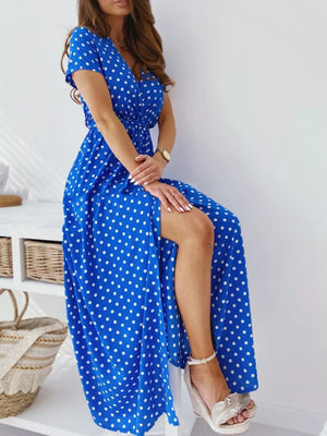 Polka Dot Surplice Maxi Dress With Slit in Dusty Pink, front view