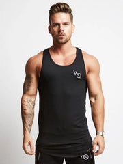 Black racerback tank top with roundneck and white logo detail.