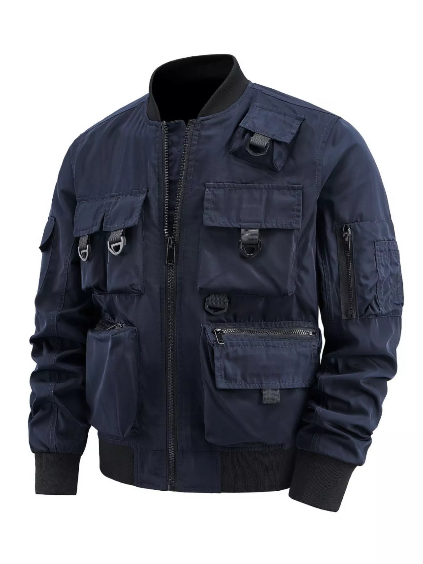 Blue bomber jacket with multiple cargo pockets and D-ring details.