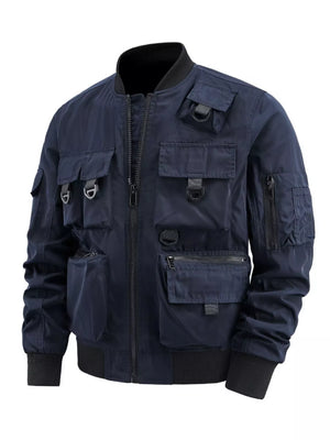 Blue bomber jacket with multiple cargo pockets and D-ring details.
