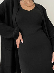 Black ribbed knit co-ord set with a v-neck tank and open cardigan.