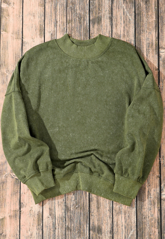 Moss acid wash mock neck sweatshirt with ribbed cuffs and hem