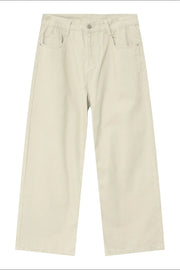 Beige wide-leg denim jeans with a classic five-pocket design.