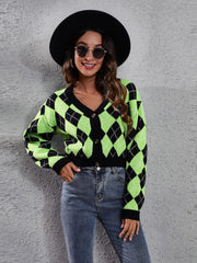 Argyle neon cropped cardigan with button front and v-neck