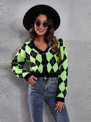 Argyle neon cropped cardigan with button front and v-neck