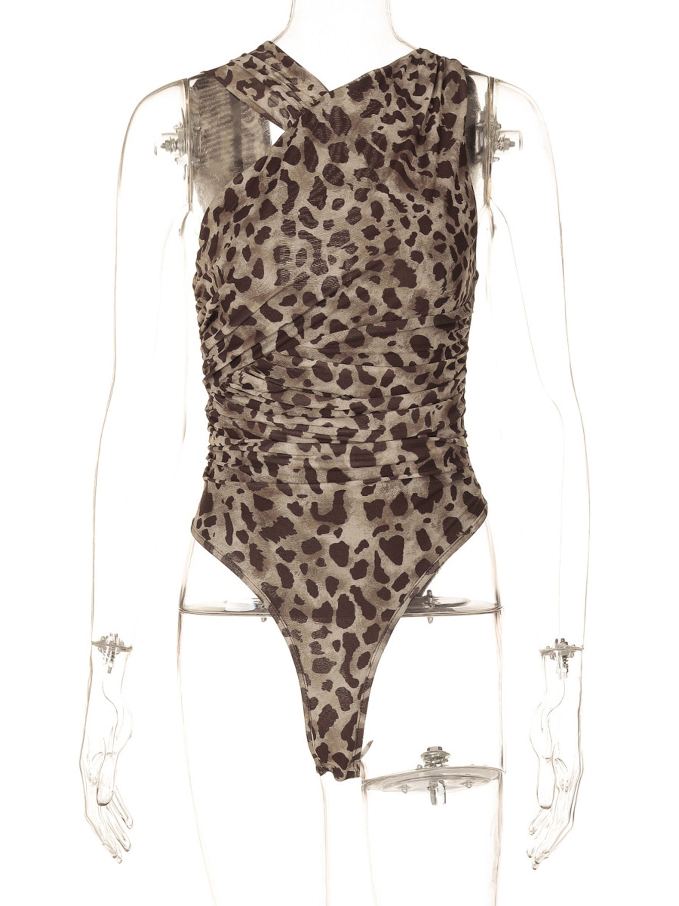Asymmetrical neck ruched bodysuit with leopard print and cutout detail.