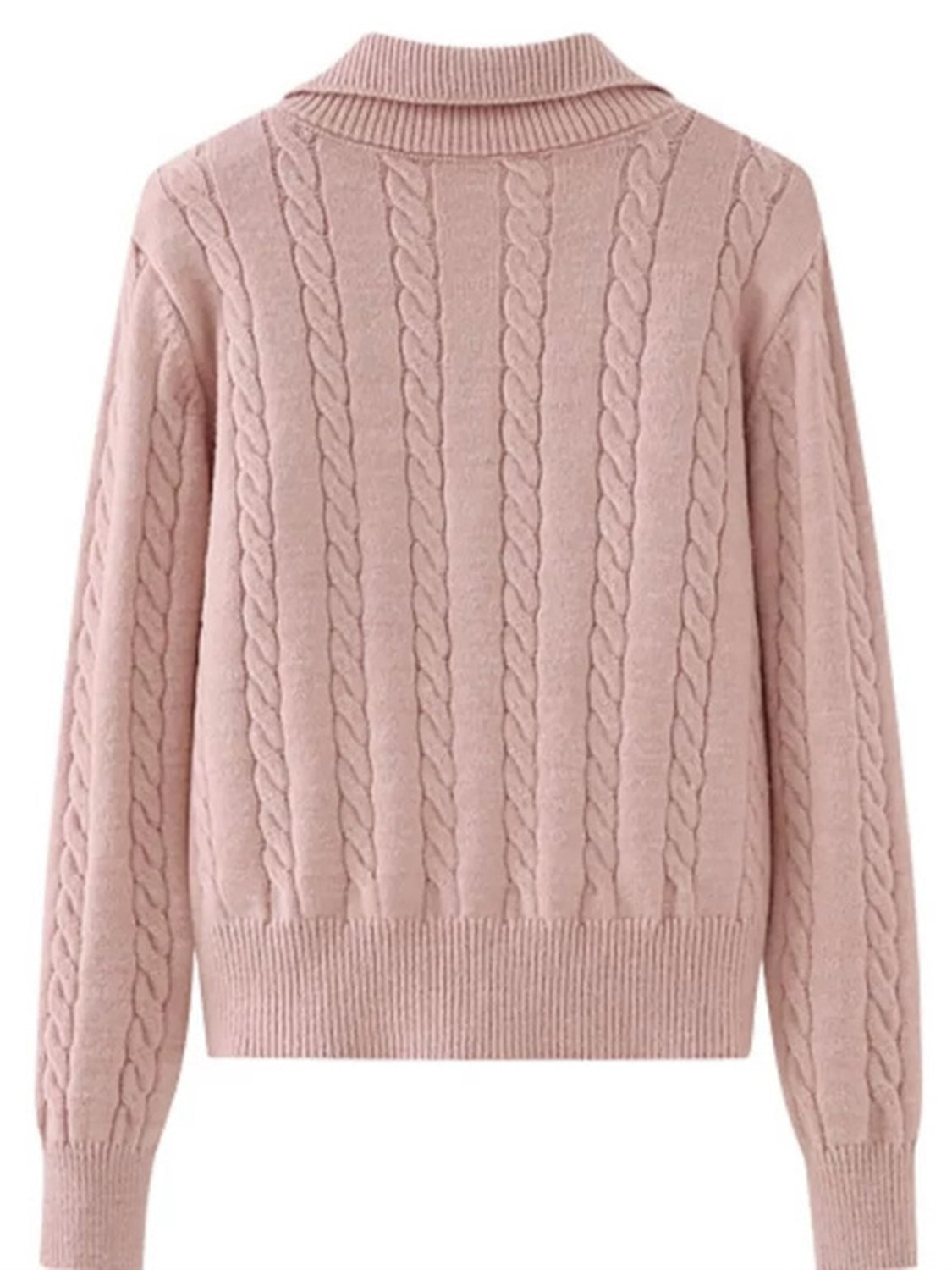 Dusty Pink cable knit quarter-zip pullover sweater with ribbed collar and cuffs.