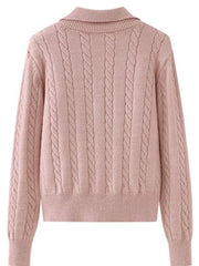 Dusty Pink cable knit quarter-zip pullover sweater with ribbed collar and cuffs.