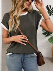 Army green ribbed knit tee with white contrast piping and chest pocket.