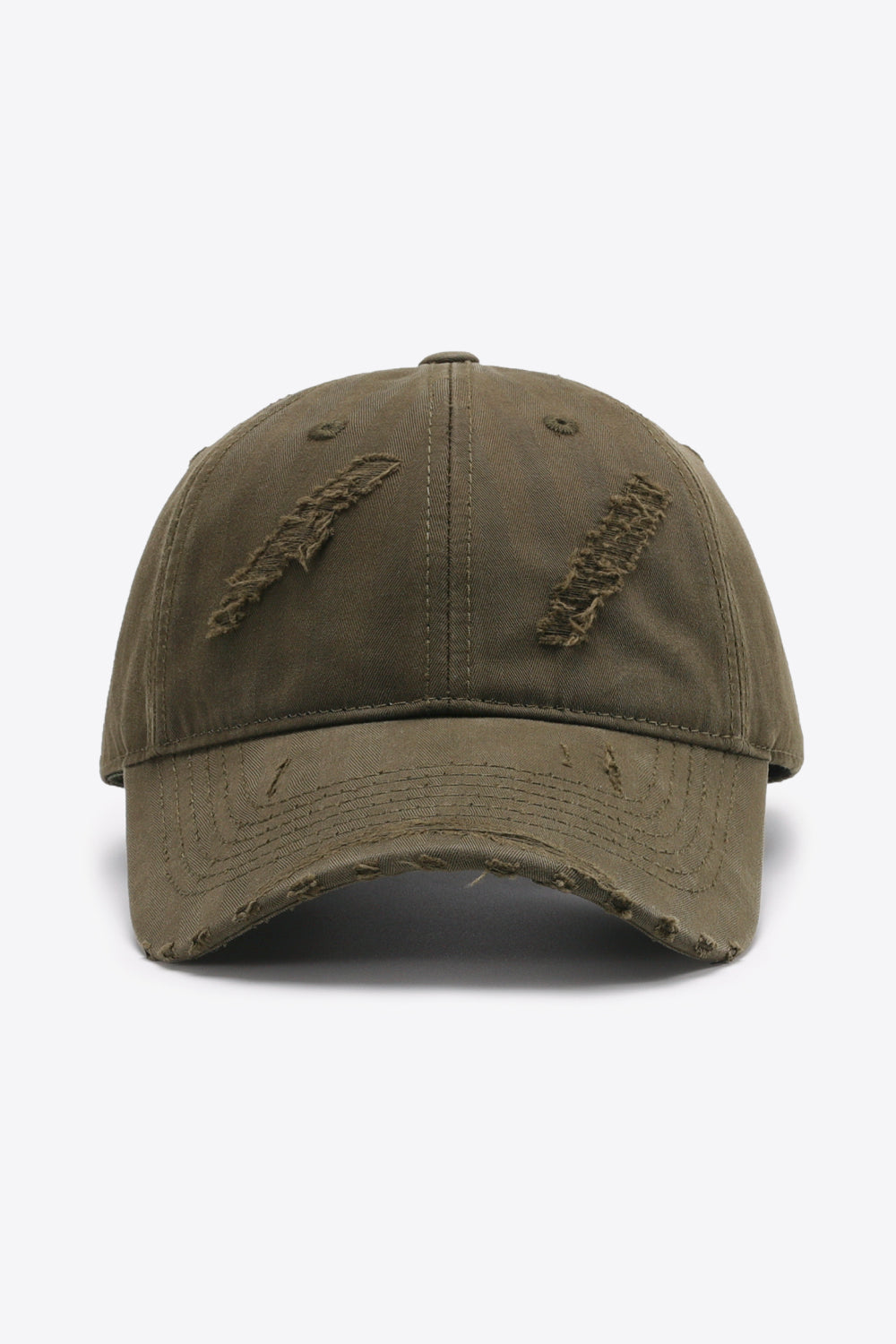 Army green distressed baseball cap with frayed details and adjustable fit.