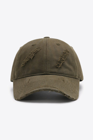 Army green distressed baseball cap with frayed details and adjustable fit.