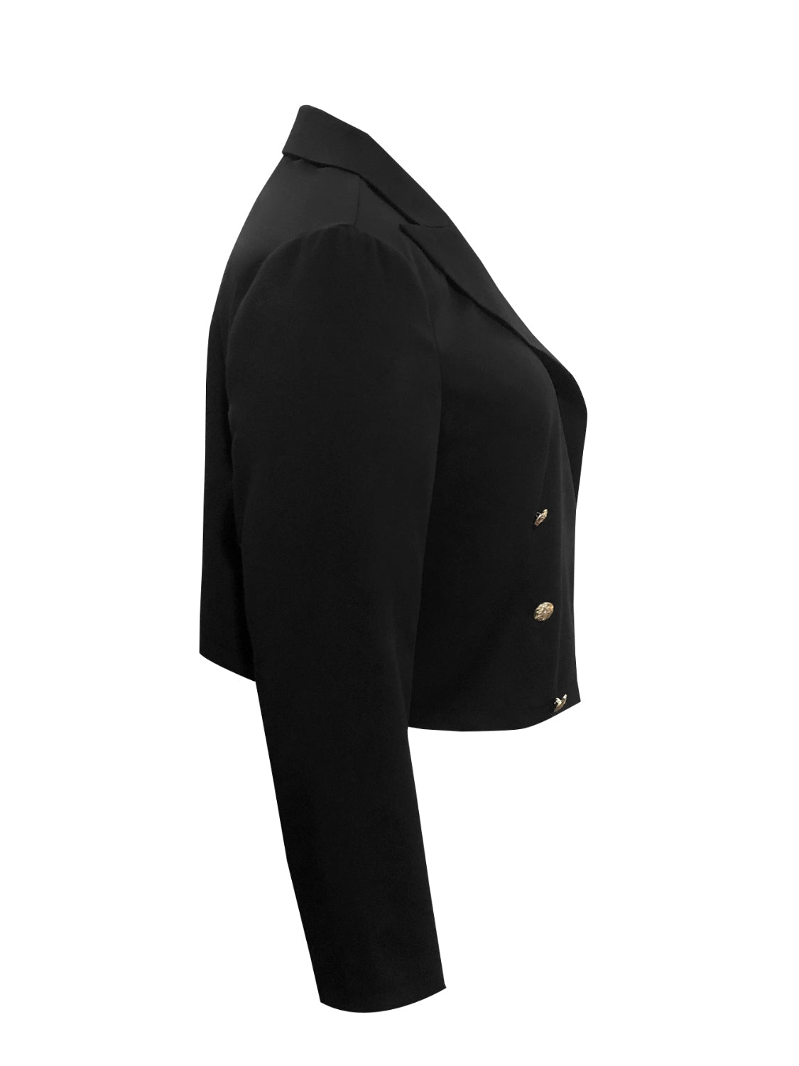 Black cropped military blazer with sculpted shoulders and gold buttons.