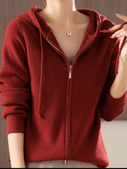 Ribbed knit zip-through hoodie in Scarlet with drawstring hood and full zip closure.