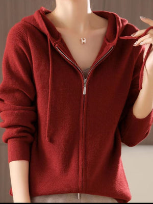 Ribbed knit zip-through hoodie in Scarlet with drawstring hood and full zip closure.
