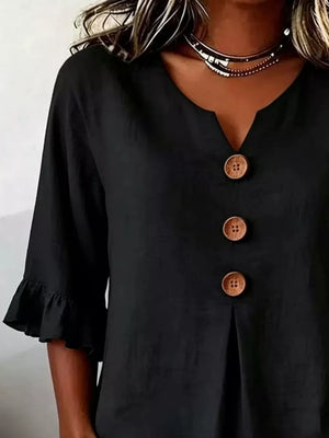 Casual Ruffle-sleeve Decor-button Top Plus Size in Burgundy, model styling view