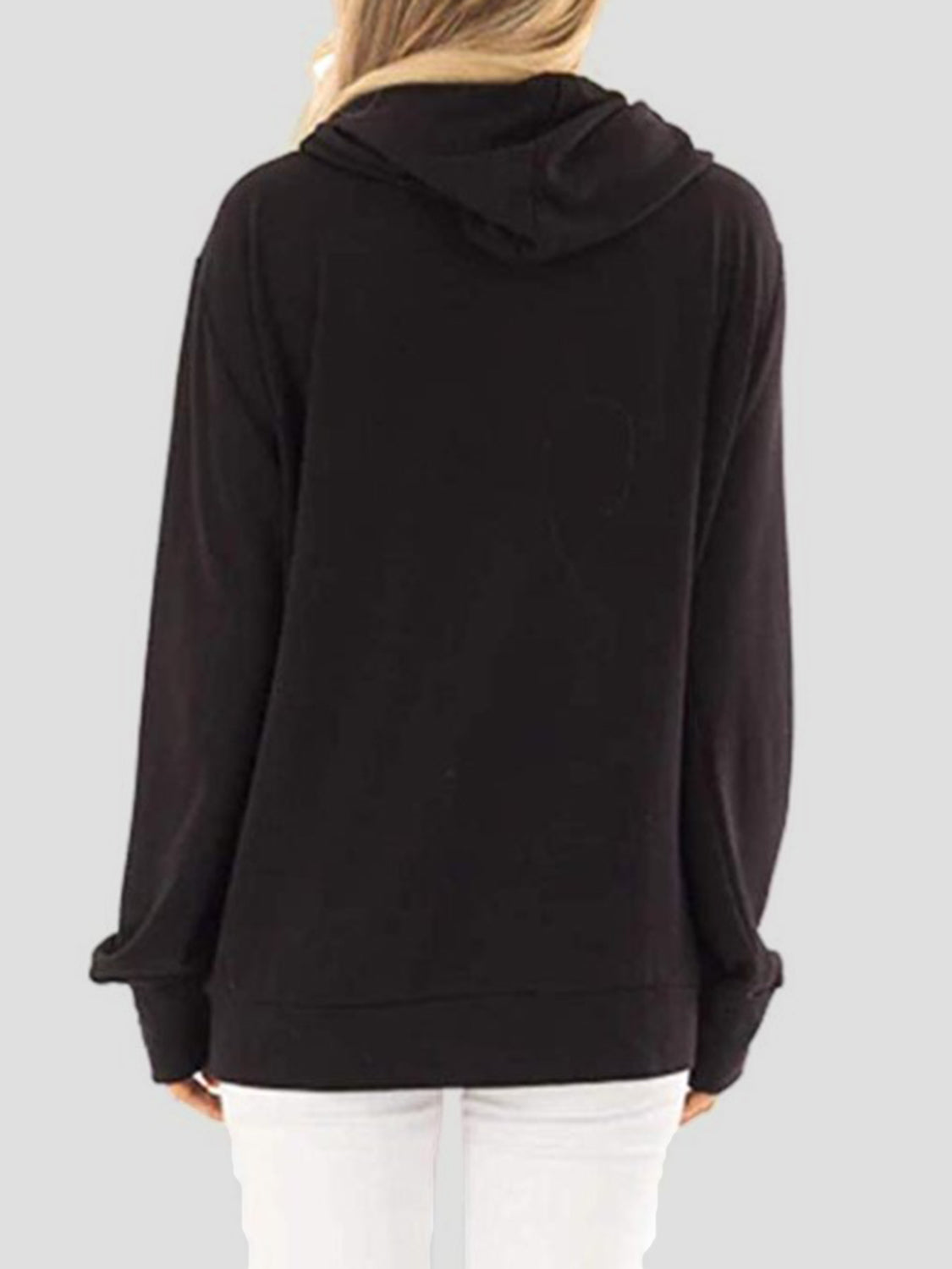 Black graphic cowl neck hoodie with long sleeves and a relaxed fit.