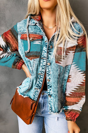 Denim hoodie jacket with Southwestern print in blue, white, orange, and brown, featuring frayed hem.