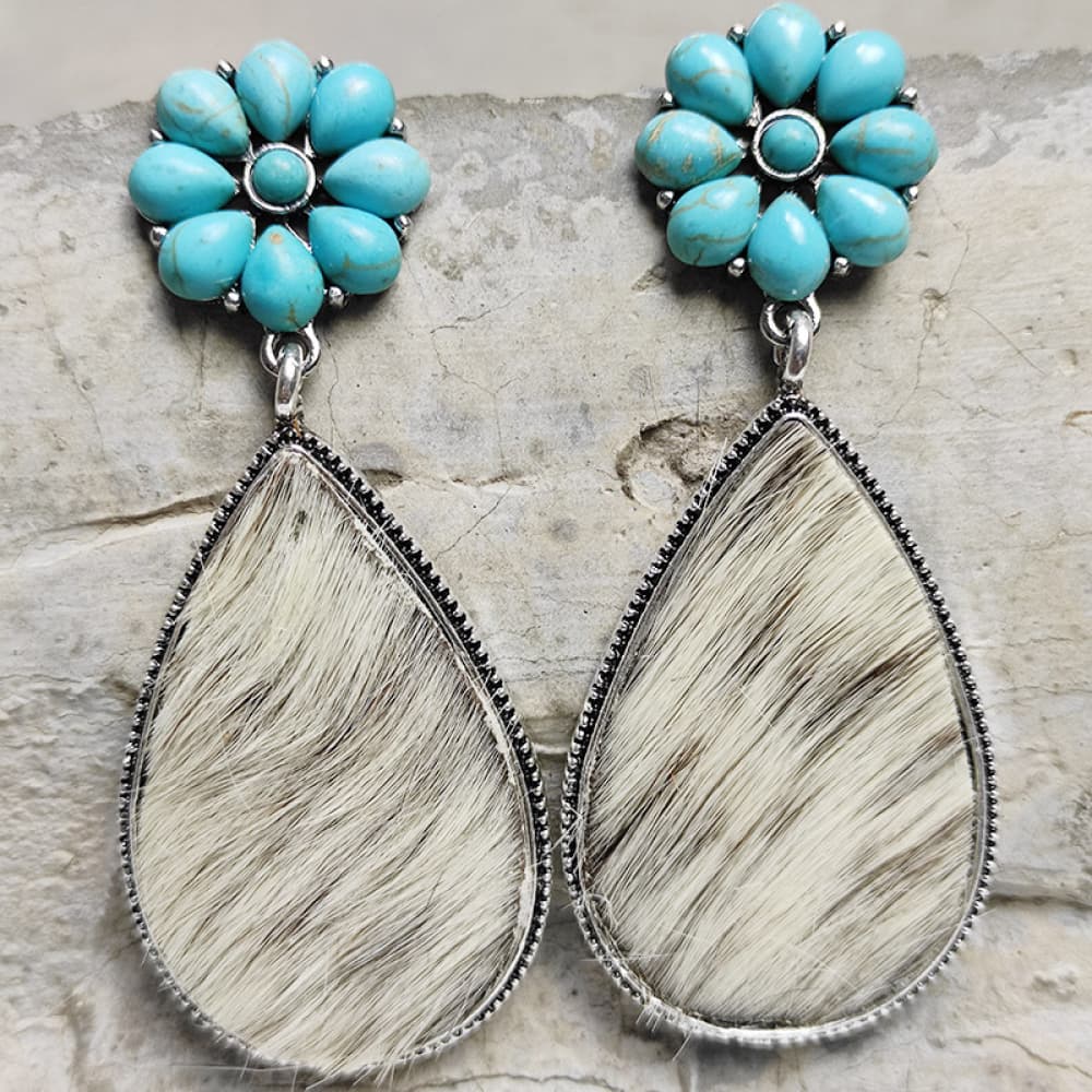 Turquoise petal and hide teardrop earrings with alloy trim