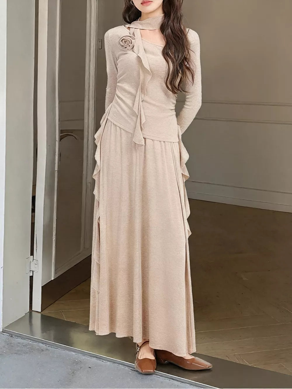 Ruffled Long Sleeve Knit Top And Maxi Skirt Set in Khaki, front view
