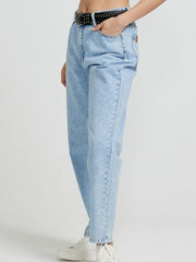 Light wash high-rise denim jeans with a straight leg and buttoned fly.