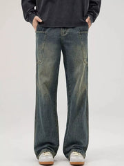 Relaxed fit vintage blue washed wide-leg jeans with cargo pockets and a comfortable cotton feel.