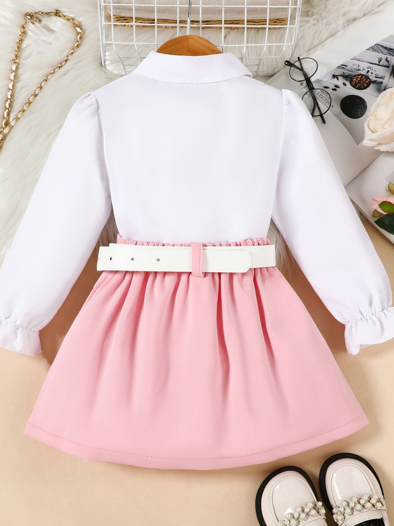 Toddler pink skirt and white long sleeve collared shirt set with white belt